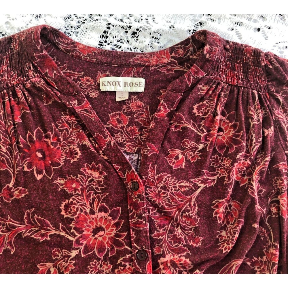 Knox Rose Women's L Knit V-Neck Button Up Top Burgundy Floral Boho - Picture 8 of 14